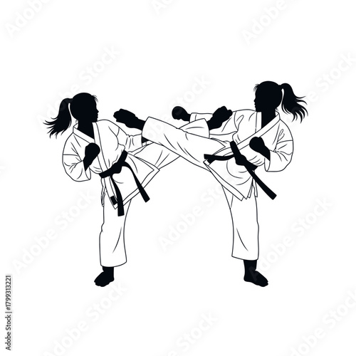 Dynamic Silhouette Illustration of Two Female Karate Athletes Sparring with High Kicks