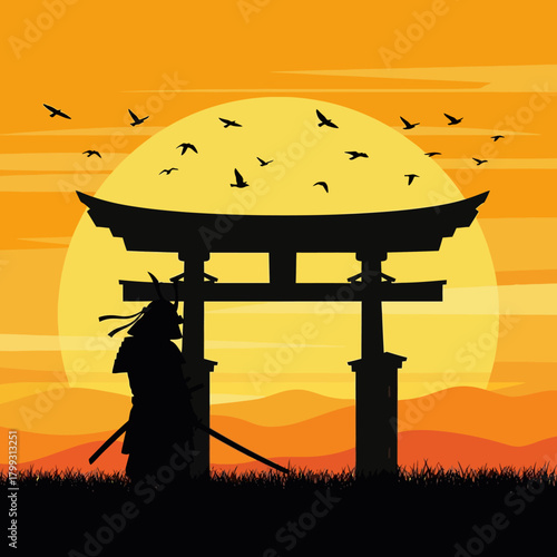 Samurai Warrior Silhouette by a Torii Gate against a Golden Sunset