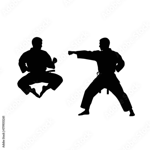 Dynamic Karate Fighters Silhouette Vector Performing Punch and Jump Maneuver