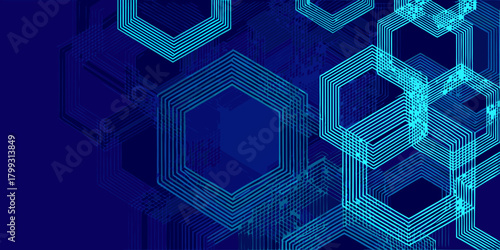 Abstract geometric background with interconnected blue hexagons and lines on a dark blue backdrop