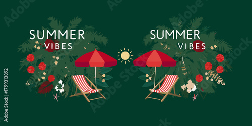 Summer vibes illustration with beach chairs and umbrellas amidst tropical foliage and sun