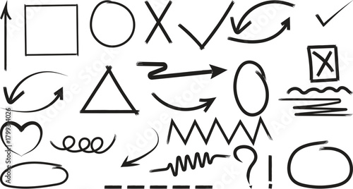 Sketchy Black Vector Elements: Circles, Arrows, Marks and Lines.