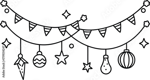 Festive garland with hanging ornaments and stars, simple line art