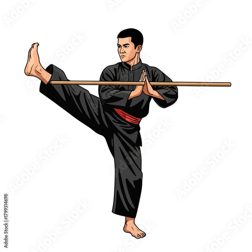 Pencak Silat Practitioner Performing a High Kick and Staff Balance Pose in Traditional Attire Vector Illustration