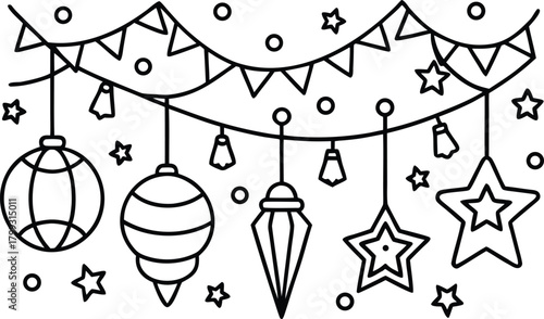 Festive string lights with stars and hanging ornaments line art