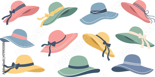 Colorful Wide Brim Sun Hats Flat Design Set for Summer Fashion