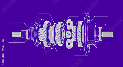 exploded view diagram of a complex mechanical transmission with gears and shafts on a technical blueprint for engineering concept.