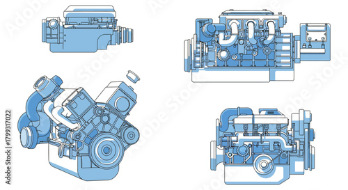 engine design blueprint engineering drawings of internal combustion engines for mechanical engineering presentations and automotive industry projects.