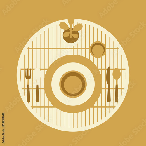 flat lay minimalist dining setting plate cutlery bowl plant on round placemat top view vector for culinary design.