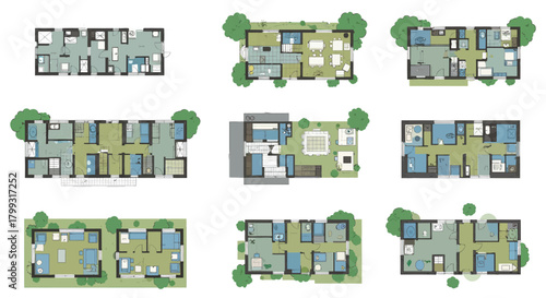 floor plans diverse architectural residential layouts with rooms furniture and landscaping ideal for home design.