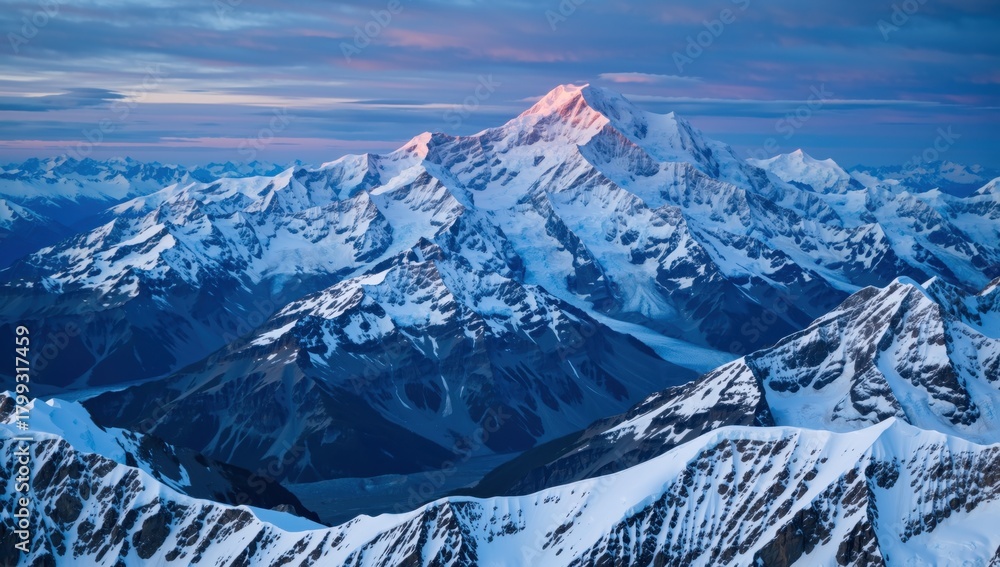 Obraz premium Aerial view of mount cook covered in snow at sunrise with a colorful sky in new zealand