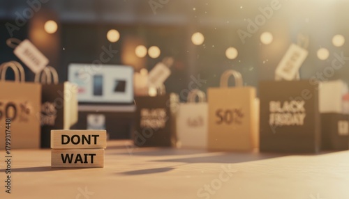 Wallpaper Mural Black Friday sale Bags tags showcase 50 off. Wooden blocks, Dont Wait, urge action. A laptop suggests online shopping, creating a sense of urgency. Torontodigital.ca