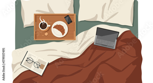 a cozy morning in bed with breakfast coffee laptop and book highlighting relaxation remote work and cozy lifestyle.