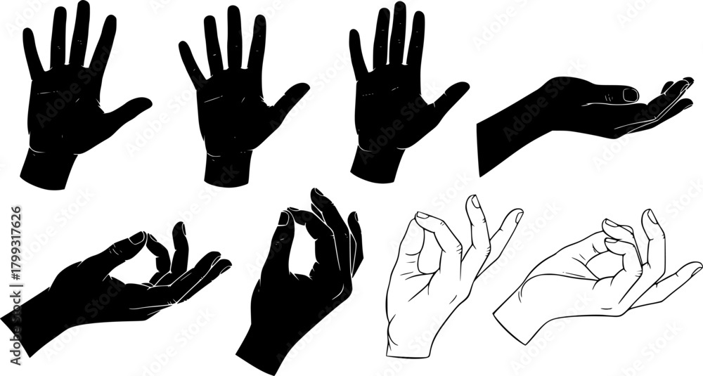 Fototapeta premium Black silhouette vector illustration of human hands in various open palm gestures, side view, isolated on white background for design, communication, art
