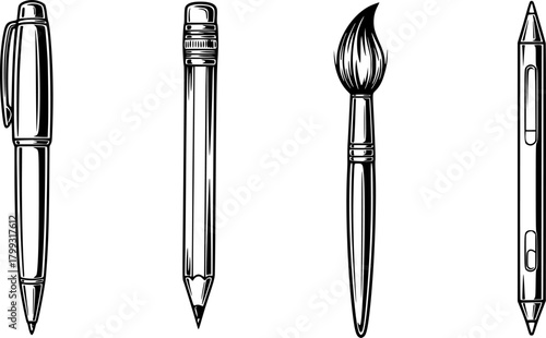 Writing and drawing tool icon set, black and white vector, pen pencil brush stylus, office stationery, sketch equipment, isolated graphic design
