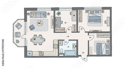 apartment floor plan a detailed overhead view showing furniture arrangement in a modern two-bedroom apartment ideal for real estate marketing and home design projects.