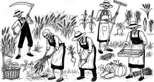 Skeleton farmers in traditional attire, harvesting crops with tools, symbolic agriculture and mortality concept, black and white vintage illustration, cultural farming scene