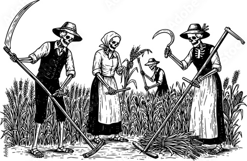 Skeleton farmers in traditional attire, harvesting crops with tools, symbolic agriculture and mortality concept, black and white vintage illustration, cultural farming scene