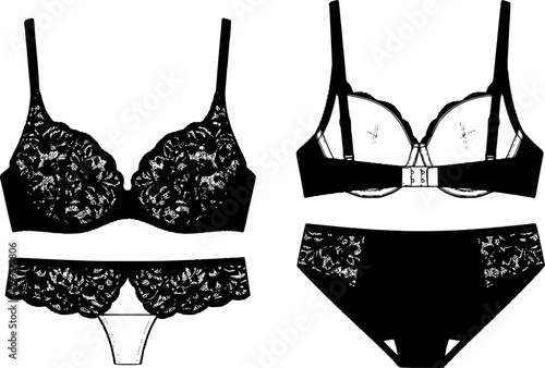 Lingerie set, bra and panty fashion design, underwear technical sketch, CAD drawing, flat vector illustration, intimate apparel template
