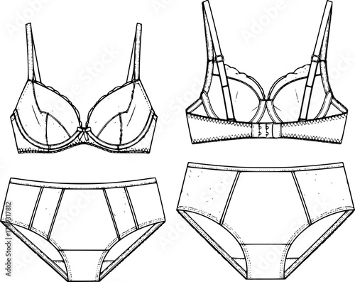 Lingerie set, bra and panty fashion design, underwear technical sketch, CAD drawing, flat vector illustration, intimate apparel template
