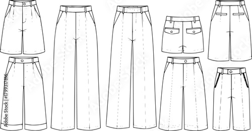 CAD drawing flat vector illustration of women’s wide leg pants fashion design technical sketch with different styles and details
