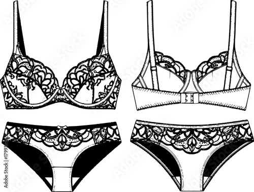 Lingerie set, bra and panty fashion design, underwear technical sketch, CAD drawing, flat vector illustration, intimate apparel template
