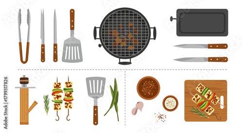 barbecue grilling tools skewers and fresh ingredients for outdoor summer cooking illustrating delicious and healthy meal preparation.