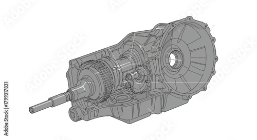 automotive transmission illustration showcasing internal gears and components perfect for engineering diagrams and mechanical repair guides.