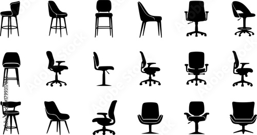 Silhouette collection of modern chairs and stools, bar seating, office furniture, ergonomic designs, vector icons for interior, furniture, and lifestyle themes