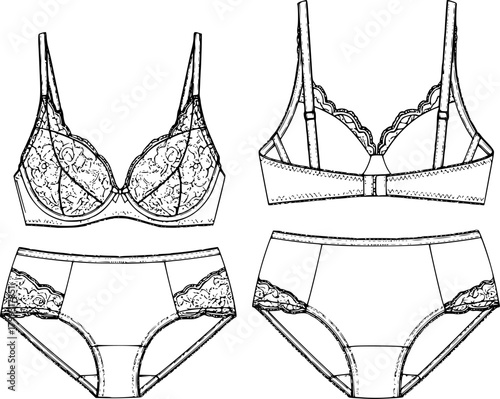 Lingerie set, bra and panty fashion design, underwear technical sketch, CAD drawing, flat vector illustration, intimate apparel template
