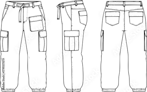 Cargo pants technical sketch, flat fashion vector, CAD illustration for apparel design, front side back view, clothing template mockup
