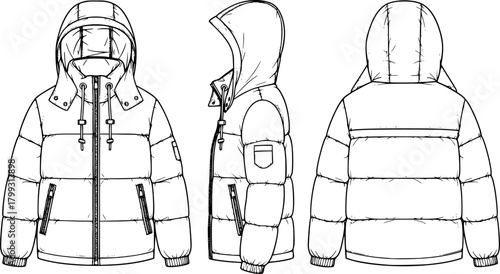Winter puffer jacket technical flat sketch, front side back view, fashion cad drawing, hooded coat vector, apparel design illustration
