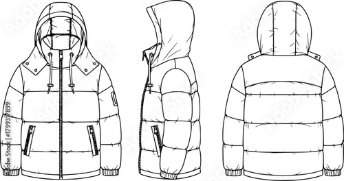 Winter puffer jacket technical flat sketch, front side back view, fashion cad drawing, hooded coat vector, apparel design illustration
