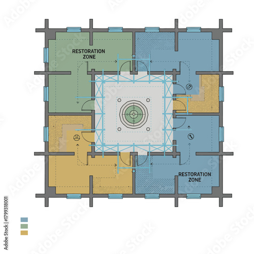 building restoration floor plan depicting designated zones a central courtyard and circulation paths for architectural design concepts.
