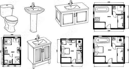 Collection of bathroom fixture line drawings and floor plan layouts

