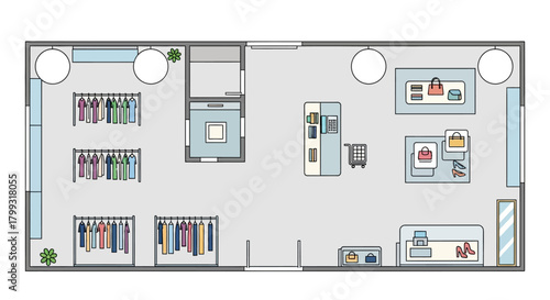 clothing store floor plan illustrating apparel accessories and shoes layout for modern retail interior design projects.