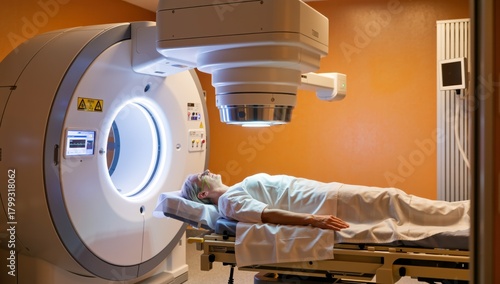 Patient undergoing radiation therapy with a linear accelerator in a hospital setting