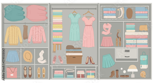 Closet organization with pastel clothes accessories arranged in a wardrobe for fashion design illustrating spring cleaning and organized storage solutions