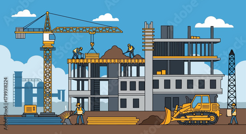 construction site illustration with workers crane and bulldozer building a multi-story structure depicting urban development industry and progress.