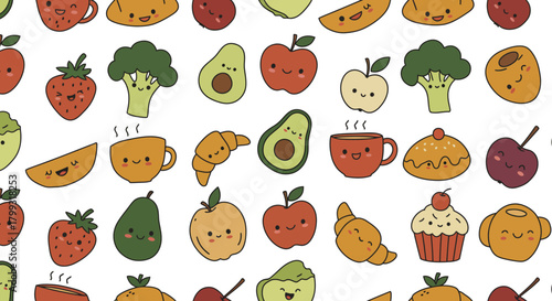 cute cartoon food pattern with happy fruits vegetables and breakfast items ideal for childrens designs healthy eating concepts