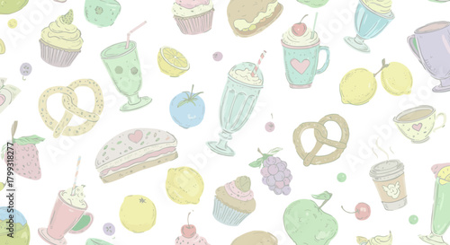 cute food pattern a seamless repeat of pastel cupcakes pretzels smoothies and fruit perfect for backgrounds and whimsical designs.
