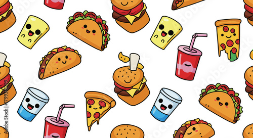 Cute fast food pattern tacos burgers pizza and drinks with cheerful faces on a white background ideal for childrens designs and food blogs.