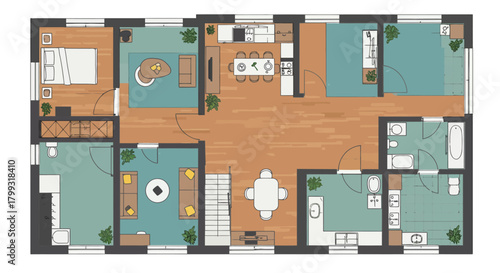 detailed floorplan of a modern household apartment showcasing interior furniture arrangement and architectural design for real estate and home improvement projects.