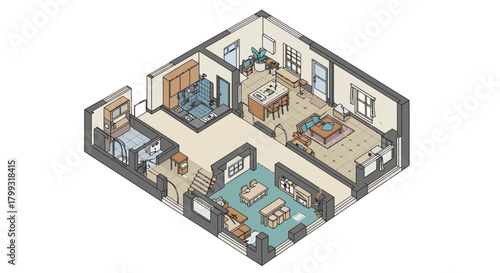 detailed isometric floor plan illustration of a modern house layout showing furnished rooms for architectural and interior design projects.