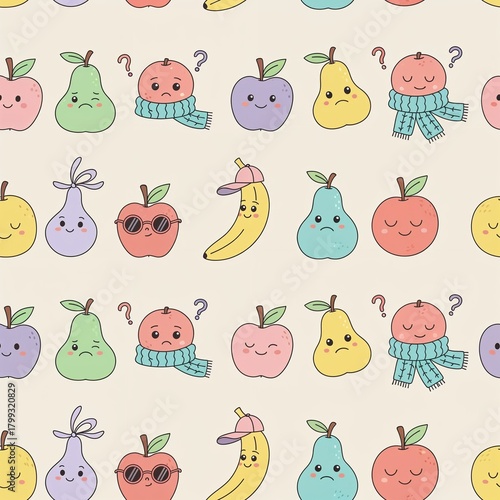 Modern repeating pattern featuring simple fruit doodles, each expressing subtle emotions—joy, mischief, confusion, and calm. Fruits are decorated with playful details such as retro sunglasses, basebal