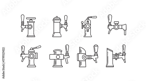 Collection of eight distinct beer tap silhouettes in a clean line drawing style