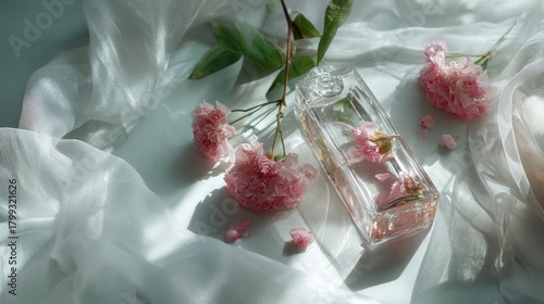 Elegant perfume bottles surrounded by pink flowers on sheer white fabric for beauty styling
