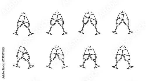 Eight identical abstract geometric silhouette figures standing in two rows silhouette