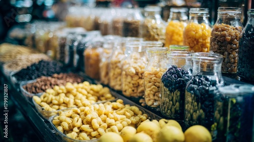 Fototapeta Naklejka Na Ścianę i Meble -  Jars filled with colorful dried fruits and nuts on market stall display in natural lighting