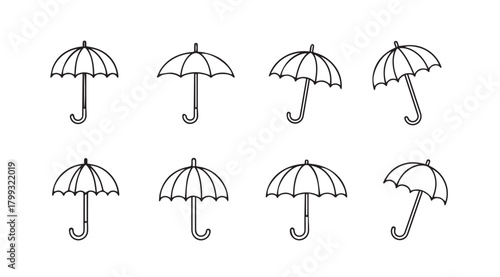 Collection of eight hand drawn umbrella illustrations in a simple silhouette style